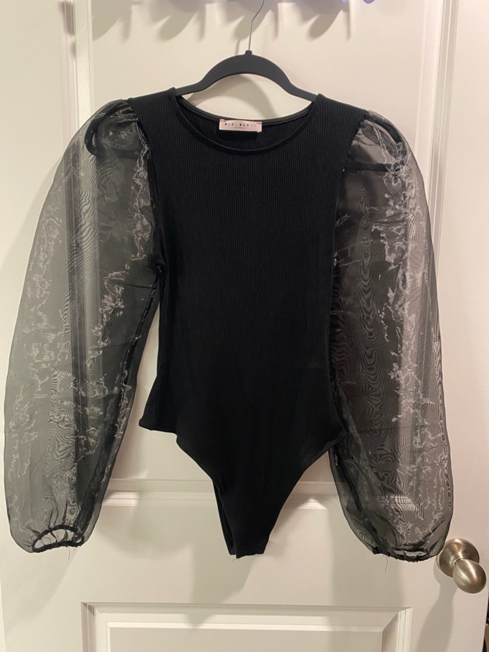 Ribbed Bodysuit with Sheer Puff Sleeves